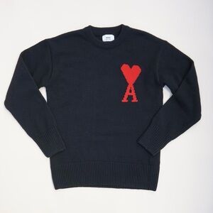 "Ami" Black/ Red Heart Logo Crewneck Pullover Sweater - Size XL
